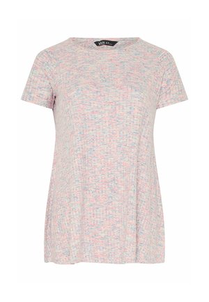 T-shirt à manches courtes pour femme avec col rond, présentant un motif tacheté multicolore pastel sur un tissu clair.