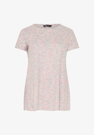 T-shirt à manches courtes pour femme avec col rond, présentant un motif tacheté multicolore pastel sur un tissu clair.