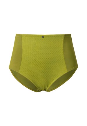 Groene high-waisted onderbroek van textuurstof met gladde randen; beschikt over een knoopaccent op de tailleband.