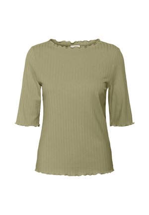 Haut côtelé vert olive avec un col rond à bords festonnés et des manches légèrement évasées de longueur mi-bra; texture lisse et design ajusté.