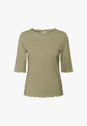 Haut côtelé vert olive avec un col rond à bords festonnés et des manches légèrement évasées de longueur mi-bra; texture lisse et design ajusté.