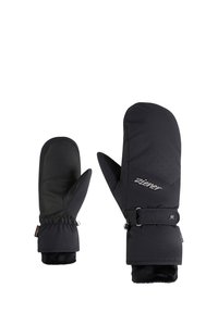 Schwarze Handschuhe aus texturiertem Stoff, mit verstellbaren Riemen und mit Fell gefütterten Bündchen. Ein Handschuh hat eine glatte Handfläche und ein Logodetail.