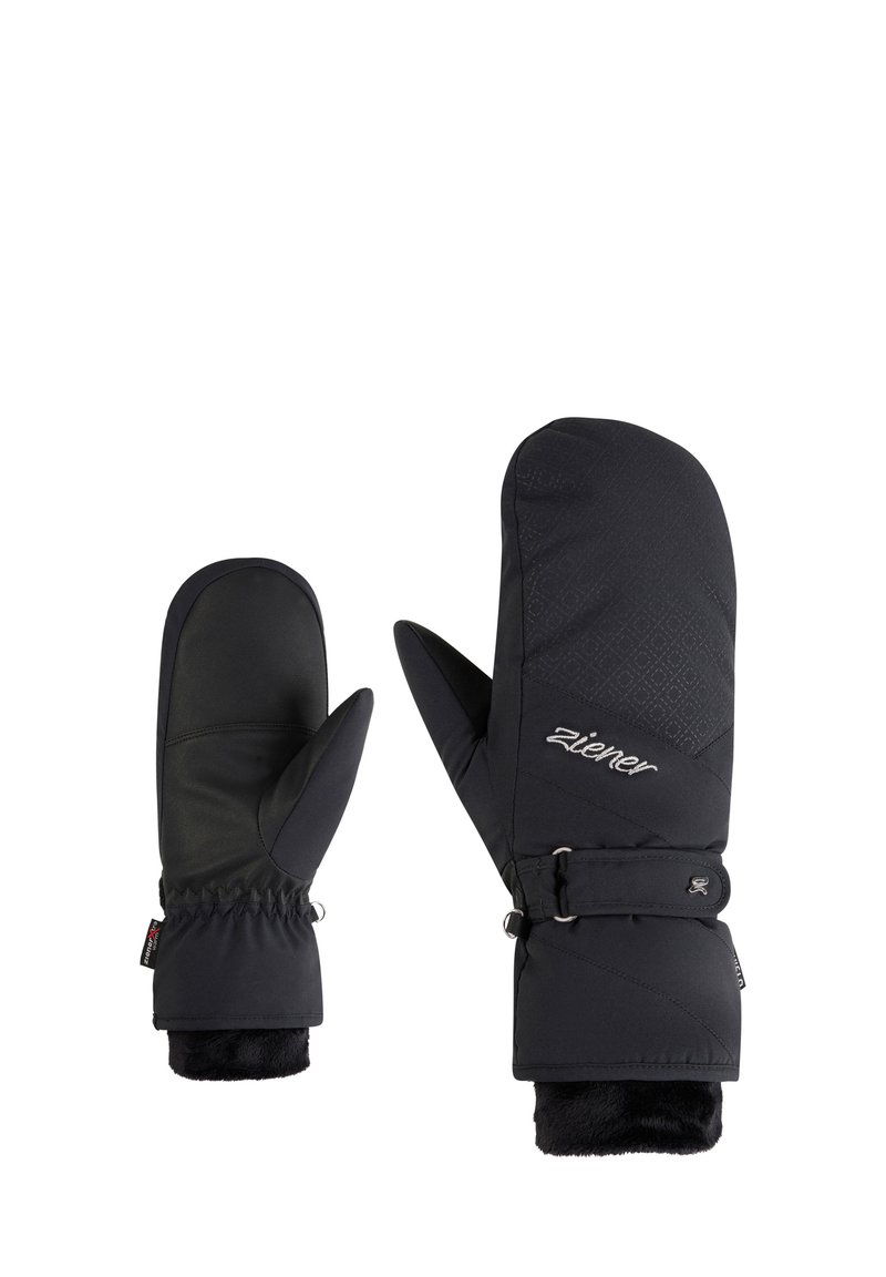 Schwarze Handschuhe aus texturiertem Stoff, mit verstellbaren Riemen und mit Fell gefütterten Bündchen. Ein Handschuh hat eine glatte Handfläche und ein Logodetail.