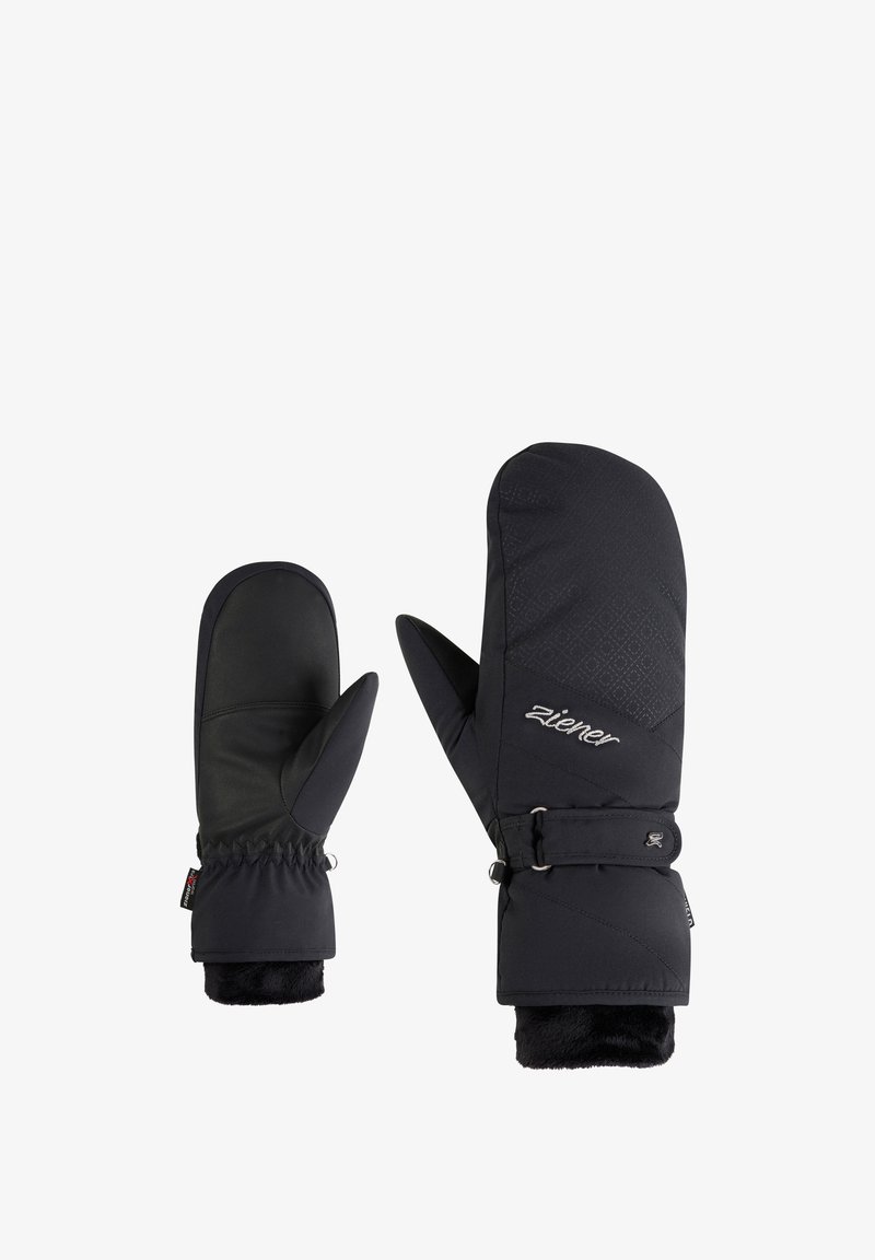 Schwarze Handschuhe aus texturiertem Stoff, mit verstellbaren Riemen und mit Fell gefütterten Bündchen. Ein Handschuh hat eine glatte Handfläche und ein Logodetail.