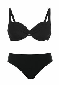 Completo bikini nero con top imbottito con design intrecciato e accento in anello metallico; spalline regolabili; parte inferiore a vita alta coordinata.