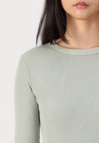 Lichtgroen geribbeld langemouwen top met een ronde halslijn. Glad textuur en een strakke pasvorm die de vorm van het lichaam accentueert.