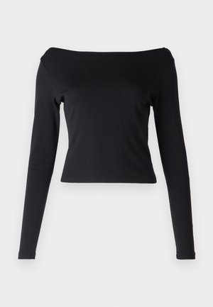Top preto de mangas longas com decote off-the-shoulder. Feito de um tecido liso e elástico. Design curto com silhueta ajustada.