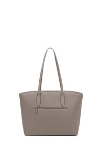 Sac fourre-tout en synthétique gris avec deux poignées supérieures, de forme rectangulaire plate et une poche zippée à l'avant pour un rangement sécurisé. Matériau texturé.