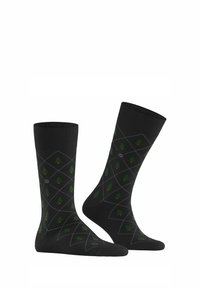 Calzini neri con un motivo a rombi, alberi verdi e dettagli rossi. Polsini a coste, spessore medio e texture liscia.