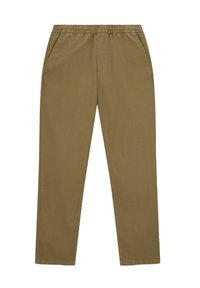 Pantalons en mélange de coton, couleur brun clair, avec une taille élastique, jambes droites et poches latérales. Texture lisse avec des détails de design minimaux.