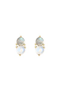 Guldøreringe med to cirkulære sten: en pletfyldt grå topsten og en gennemsigtig lyseblå bundsten, med runde accenter.