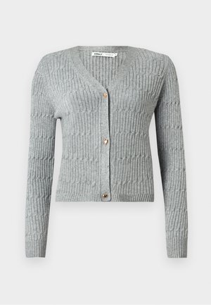 Cardigan lavorato a maglia grigio con texture a coste, scollo a V e maniche lunghe. Presenta chiusure con bottoni a forma di cuore nella parte anteriore.