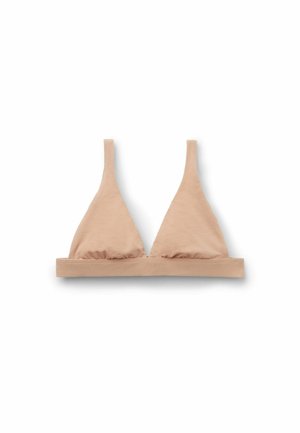Driehoek bralette van zachte, beige stof met dunne bandjes en een brede band. Beschikt over een gladde textuur en een eenvoudig ontwerp.