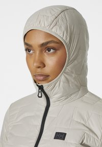Lichtbeige geïsoleerde jas met een aansluitende capuchon, voorzien van een zwarte rits en een merkpatch. De stof heeft een geborduurde textuur.