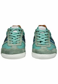 Green suede and canvas sneakers with a white rubber sole, featuring blue side stripes and flat laces. Tan leather accents at the tongue.