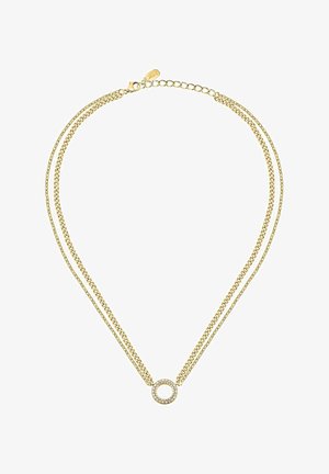 Guld dobbelt kæde halskæde med en cirkulær vedhæng besat med små klare ædelsten, med justerbar lås.