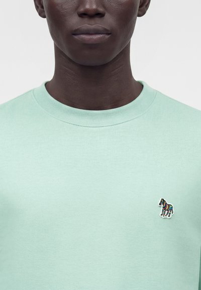 Haut du torse d'une personne portant un t-shirt vert clair à col rond avec un petit emblème zèbre coloré sur le côté gauche.