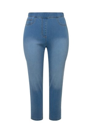 Lysblå denim capri bukser med elastisk talje, to frontlommer og en glat tekstur med syede detaljer.