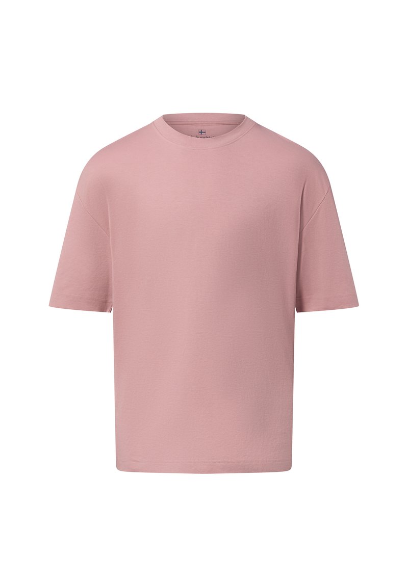 Pink cotton t-shirt with short sleeves, crew neckline, relaxed fit, and smooth texture. No patterns or accents visible.