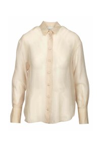 Camicia beige a maniche lunghe realizzata in tessuto leggero, con un'apertura frontale con bottoni, colletto classico e texture morbida. I bottoni sono in tinta.