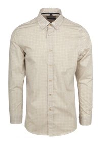 Langarmshirt in lichtbeige met een geometrisch patroon. Beschikt over een button-down kraag en bruine knopen. Gemaakt van soepel katoen.