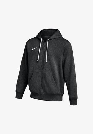 Sweat à capuche zippé Nike gris foncé avec cordons blancs, poche kangourou et manches longues sur fond blanc.