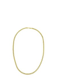 Guld kæde halskæde med sammenkoblede runde led, glat overflade og en sikker lås. Elegant design, der passer til forskellige anledninger.