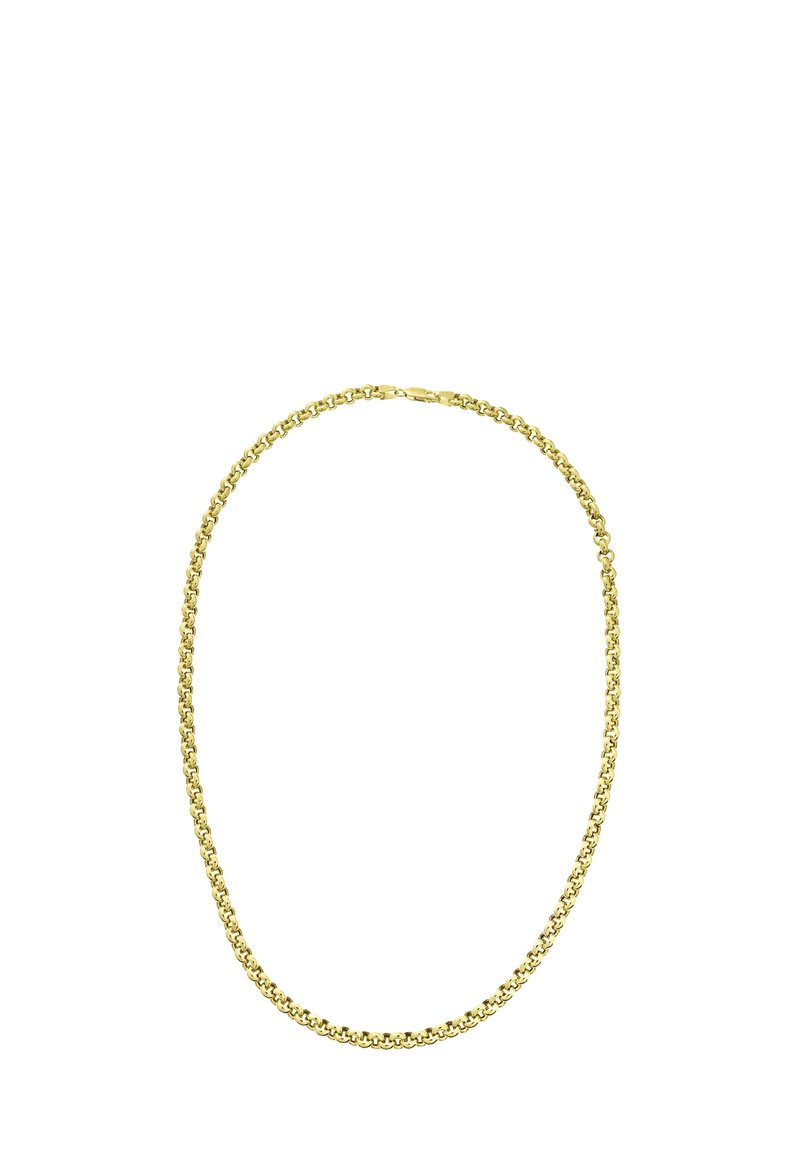 Guld kæde halskæde med sammenkoblede runde led, glat overflade og en sikker lås. Elegant design, der passer til forskellige anledninger.