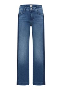 Wijde jeanen van middelblauwe denim, met een contrasterend donkerblauw zijpaneel, vijf zakken en een knoopsluiting bij de taille.