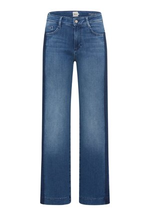 Jeans a gamba larga in denim azzurro medio, con un pannello laterale di un blu scuro in contrasto, cinque tasche e chiusura con bottone in vita.