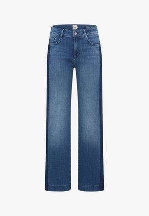 Jeans a gamba larga in denim azzurro medio, con un pannello laterale di un blu scuro in contrasto, cinque tasche e chiusura con bottone in vita.