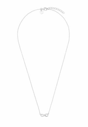 Zarte silberne Halskette mit Anhänger in Form eines Unendlichkeitssymbols, besetzt mit kleinen Kristallen, gesichert mit einem Karabinerverschluss und verstellbarer Kette.