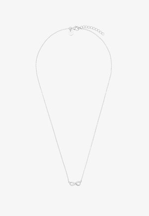 Delicaat zilveren halsketting met een hanger in de vorm van het oneindigheidssymbool, voorzien van kleine ingelegde kristallen, vastgemaakt met een karabijnsluiting en verstelbare ketting.