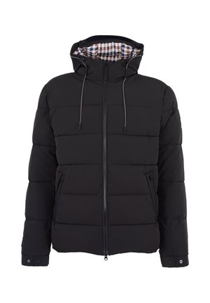 Zwarte pufferjack met een rits aan de voorkant, capuchon en elastische trekkoorden. Bevat een geblokte voering, een doorgestikt ontwerp en zijzakken met rits.