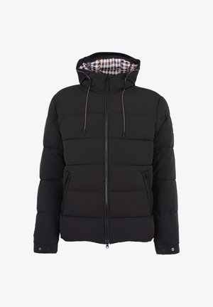 Giacca a vento nera con zip frontale, cappuccio e lacci elastici. Presenta una fodera a quadretti, un design trapuntato e tasche laterali con zip.