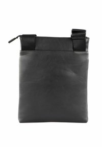 Sac en cuir noir à texture lisse, doté d'une fermeture éclair supérieure, de deux attaches de sangle, et d'un design minimaliste.