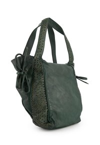 Groene leren handtas met een zachte textuur, strikdetail en oogjes aan de zijkanten. Stevige handvatten om te dragen.