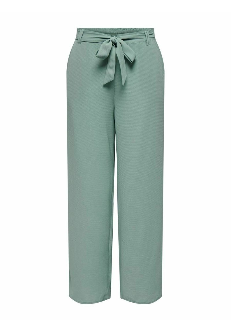 Ljust gröna vida byxor i mjukt tyg, med knytmidja, strukturerad design och slät textur med minimala sömmar.