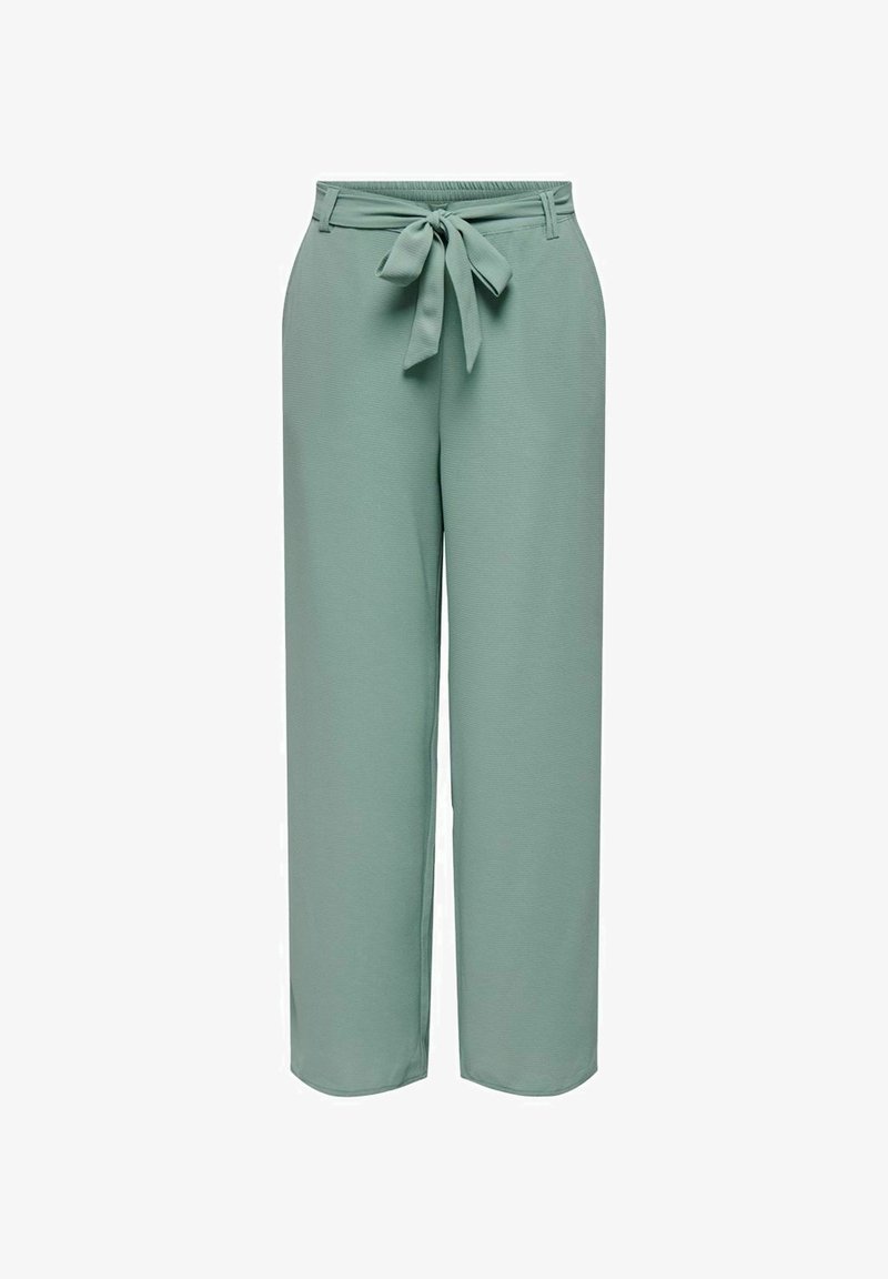 Ljust gröna vida byxor i mjukt tyg, med knytmidja, strukturerad design och slät textur med minimala sömmar.
