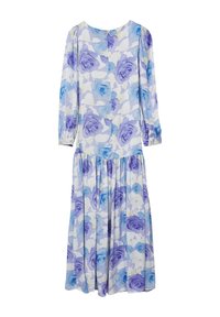 Langärmliges Kleid aus leichtem Stoff, mit einem Blumenmuster aus blauen und lavendelfarbenen Rosen auf weißem Hintergrund. Ausgestellter Rock.