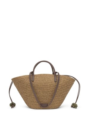 Tkana torebka ze słomy z brązowymi skórzanymi uchwytami i regulowanymi, ściąganymi bokami, z przestronnym, szerokim dnem.