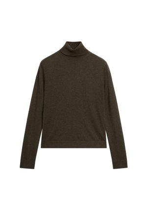 Pull en cachemire vert foncé, fabriqué en tissu doux, avec des manches longues et un col côtelé, à coupe décontractée et au design minimaliste.