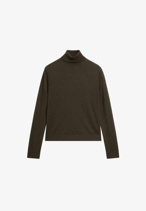 Pull en cachemire vert foncé, fabriqué en tissu doux, avec des manches longues et un col côtelé, à coupe décontractée et au design minimaliste.