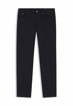 Pantaloni di denim blu scuro con vestibilità regolare. Presentano il classico design a cinque tasche e chiusura frontale con bottoni. Tessuto liscio e dettagli minimali.