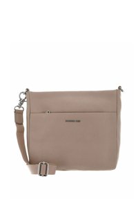 Borsa a tracolla in pelle di un leggero taupe con una superficie liscia, tasca frontale con zip e tracolla regolabile. Presenta finiture in hardware argentato.