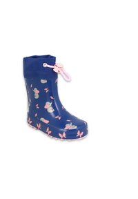 Bottes de pluie en caoutchouc bleu avec des motifs d'éléphant rose et de papillons. Cordon de serrage rose réglable en haut. Semelle texturée pour une meilleure adhérence.