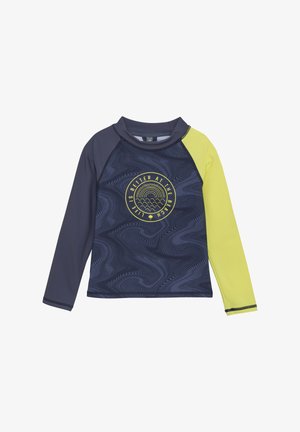 Long-sleeve rash guard in navy and lime green, featuring a wave pattern and yellow circular graphic text at the center. Smooth fabric texture.