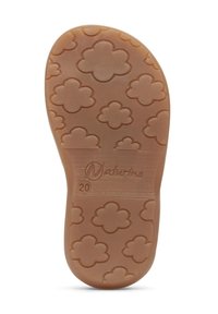 Sole in gomma marrone con motivo a nuvola, logo in rilievo "Naturino" e taglia "20". Texture liscia con bordi arrotondati.