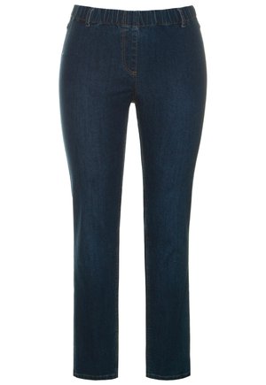Pantalons en denim bleu foncé avec une coupe droite, taille élastique et détails de couture. Texture lisse sans motifs visibles.