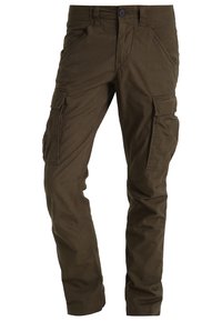 Cargo byxor i mörk olivgrön, tillverkade av hållbart material, med flera fickor, knappstängning och en figursydd tapered bendesign.